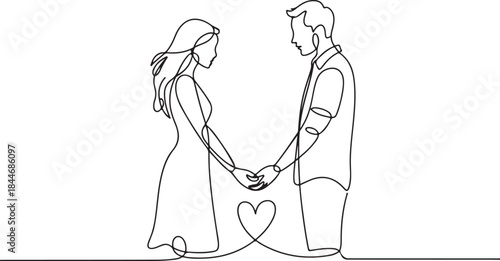 Continuous line drawing loving couple showing heart sign 