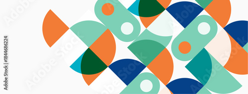 Abstract geometric shapes overlap. Circles, semicircles, white spots create modern design. Teal, orange, navy colors dominate composition.