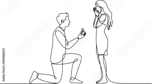 Continuous line drawing. Vector illustration. Man kneeling offering engagement ring and woman surprised silhouette isolated on white background