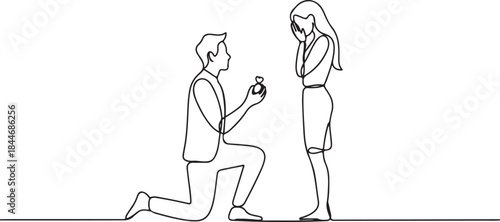 Continuous line drawing. Vector illustration. Man kneeling offering engagement ring and woman surprised silhouette isolated on white background