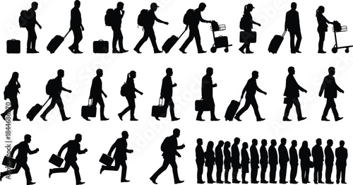Silhouettes of travelers walking with luggage and standing in line