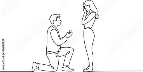 Continuous line drawing. Vector illustration. Man kneeling offering engagement ring and woman surprised silhouette isolated on white background