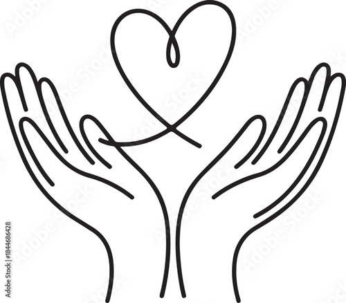 Continuous one line drawing, Health care hands holding heart. design poster art print. vector illustration