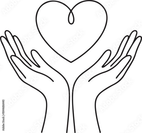Continuous one line drawing, Health care hands holding heart. design poster art print. vector illustration