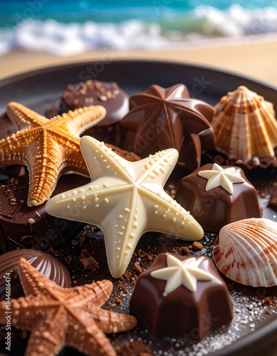 Various dark and white chocolates with starfish and shell shapes