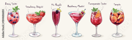 Red and berry cocktails vector set, isolated on light background