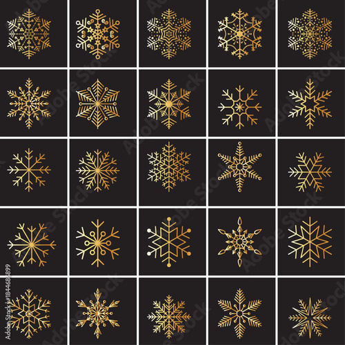 Elegant golden snowflake icon set. A refined collection of golden snowflake designs on a dark background, ideal for winter themes, holiday decorations, festive graphics, and seasonal backgrounds.