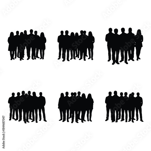 Silhouettes of groups of people arranged in a grid pattern