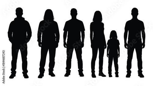 A group of six people standing together showcased in a striking black silhouette