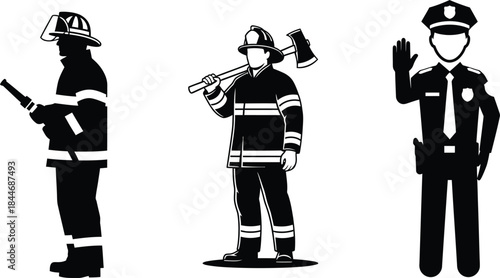 Title: Three black and white of a firefighter, another firefighter with an axe, and a police officer with a raised hand