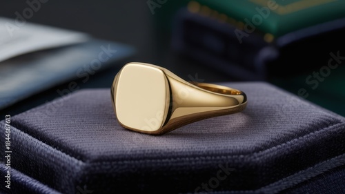 Elegant gold signet ring with a smooth, polished surface placed on a soft purple jewelry box, set against a dark, luxurious background, symbolizing prestige, wealth, and timeless style