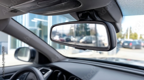 A car's rear view mirror shows a parking lot with several cars. The mirror is black and the car is parked in a lot