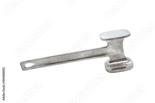 Kitchen hammer for tenderizing meat. Metal meat hummer isolated on white background. Close-up.