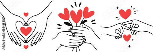 Female hands with red hearts. Set of abstract elegant vectors. Self, skin or body care, share love, love yourself icons. Logo for wedding design, cosmetics, beauty. Illustration of hand holding flower