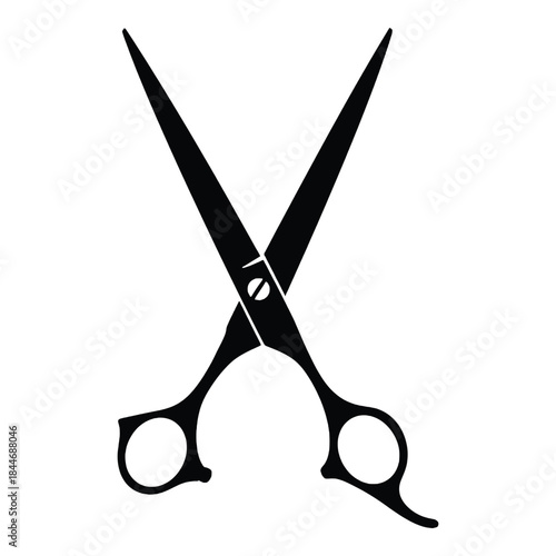 Simple black and white illustration of open classic barber scissors