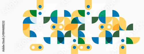 Abstract geometric shapes, yellow, green, blue tones. Pattern suggests connectivity, modern design elements present. Simple composition.