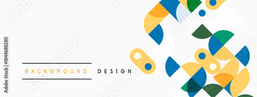 Abstract geometric shapes overlap, creating modern background. Yellow, blue, green circles, rectangles dominate design. Minimalist aesthetic.