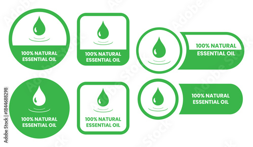Essential oil drop icon for beauty and skincare natural product certificate label. Essential oils sticker logo for body lotion, cream and shampoo moisturizer, spa wellness fragrance.