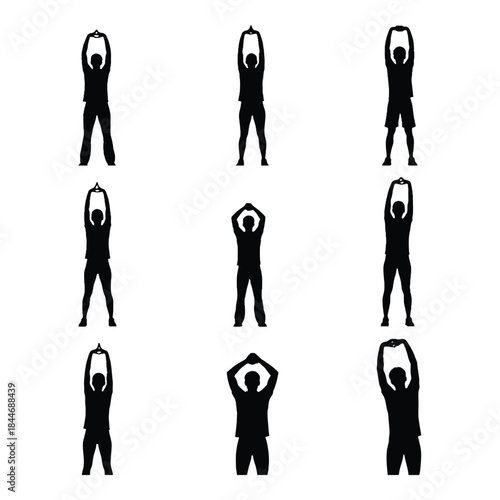Silhouettes of people stretching upwards in various yoga or exercise poses