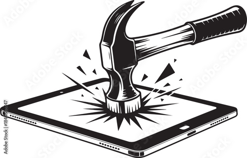 Hammer smashing tablet screen digital detox concept vector