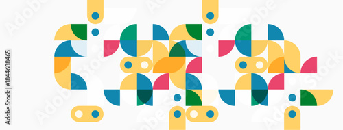 Abstract geometric shapes, colorful patterns, overlapping circles, squares, rectangles. Modern design, flat illustration, vibrant hues.