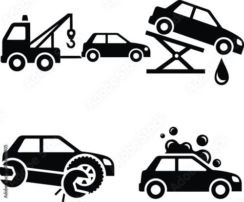 Automotive and car service icons set, featuring a tow truck, vehicle on a lift, tire repair, and a car wash symbol on a white background.