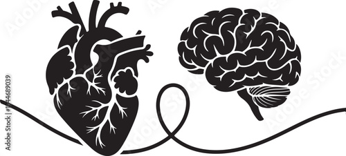 Heart and brain connected by thread – emotion vs logic vector