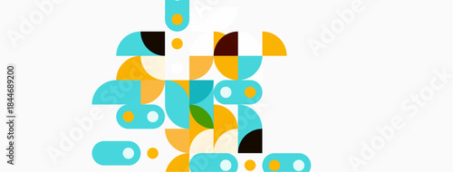 Abstract geometric shapes overlap, creating colorful composition. Light background enhances visual impact, modern design aesthetic.