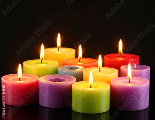 Vivid, colorful candles burning against a dark, reflective backdrop