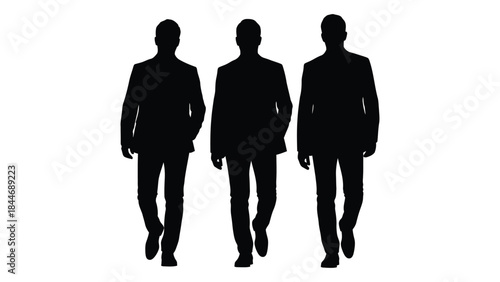 Four men in suits walking together depicted as a striking black silhouette