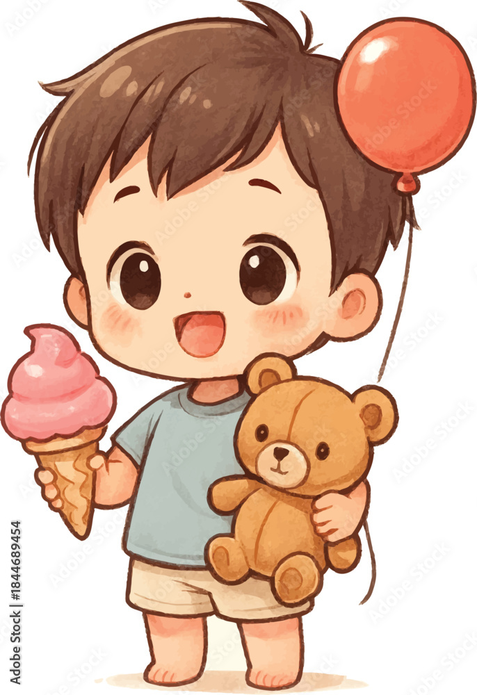 Obraz premium Cute little boy child cartoon illustration with teddy bear toy and a happy smile