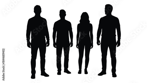 Four people standing in a row fully shadowed and presented as a silhouette