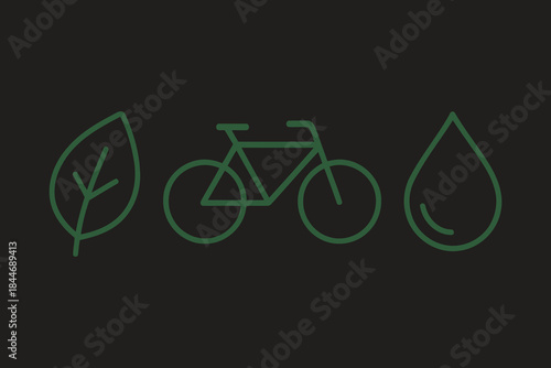 Simple line art icons representing nature sustainable transportation and clean water on a dark background