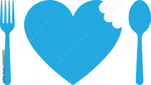 Heart shape bite mark with spoon and fork red pink isolated on transparent background in concept love for design elements of food menu, promotion poster in valentines day 