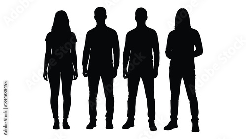 Four people standing together in a row depicted as a striking black silhouette