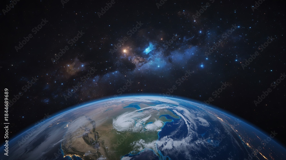 Obraz premium A breathtaking view of planet earth from space, illuminated by city lights and a cosmic galaxy