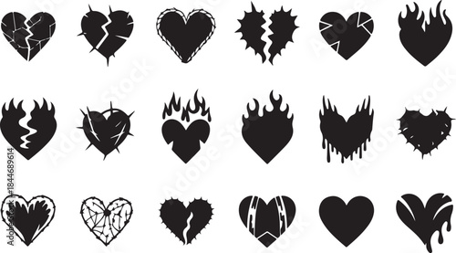 Heart tattoo gothic set, graffiti rock flame shape kit, vector u2k abstract love logo concept. Valentine punk retro sticker collection, neotribal web goth decoration. Dripping heart tattoo prints 