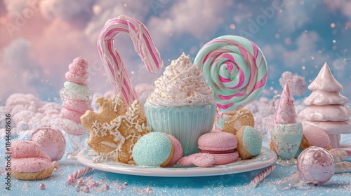 Whimsical pastel candy wonderland with various sweet treats and desserts