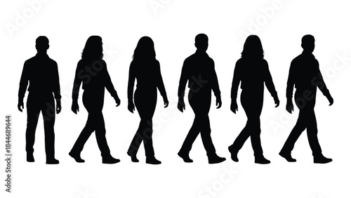 A group of six people walking in a line depicted as a black silhouette