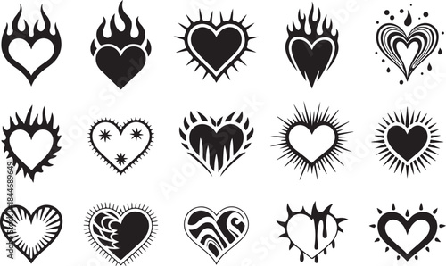 Heart tattoo Neo tribal set, gothic rock flame shape kit, vector u2k abstract love logo concept. Valentine punk retro sticker collection, neotribal web goth decoration. Stylised heart tattoo prints