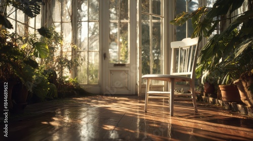 Greenhouse Serenity: Sunlit tranquility in an elegant greenhouse, showcasing a solitary chair amidst lush greenery and glass windows that invite the outside in.