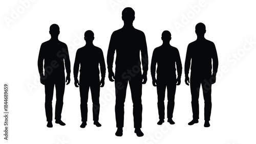 A group of five people standing together depicted as a stark black silhouette