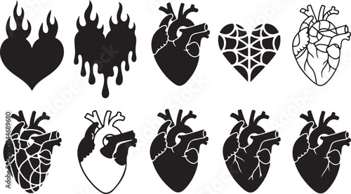 Heart tattoo Neo tribal set, gothic rock flame shape kit, vector u2k abstract love logo concept. Valentine punk retro sticker collection, neotribal web goth decoration. Stylised heart tattoo prints