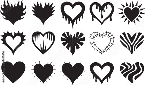 Heart tattoo Neo tribal set, gothic rock flame shape kit, vector u2k abstract love logo concept. Valentine punk retro sticker collection, neotribal web goth decoration. Stylised heart tattoo prints