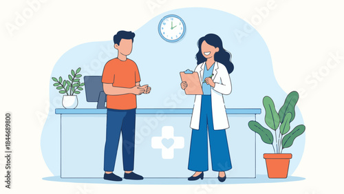 Medical consultation between a female doctor and male patient at a clinic reception