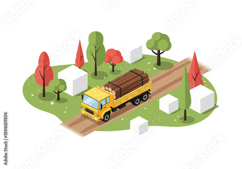 Isometric Yellow Truck Delivering Logs in a Green Landscape with Trees and Cubes