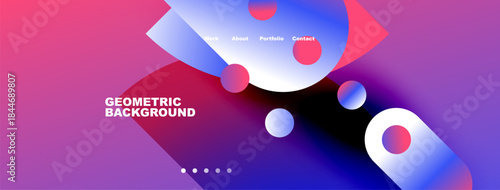 Abstract geometric background. Purple, blue hues dominate design. Navigation menu present with text labels. Modern, vibrant aesthetic.