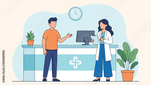 Patient talking to medical professional at clinic reception desk