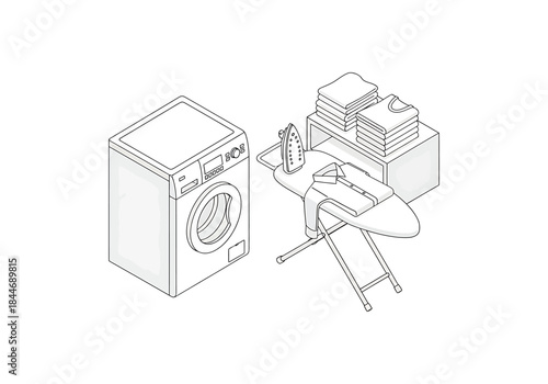 Laundry and Ironing Isometric Illustration Washing Machine, Ironing Board with Iron and Clothes