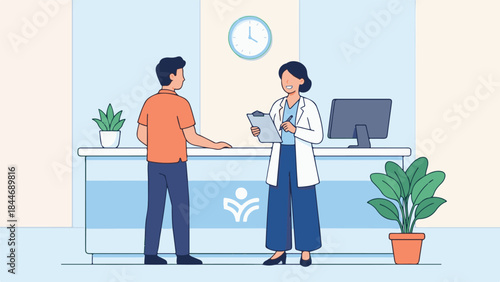 Patient and Doctor Consultation at Clinic Reception Desk Illustration